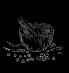 Mortar And Pestle Concept On Blackboard Pepper