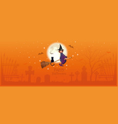 Cute Witch Flies Over A Night Cemetery On A