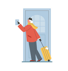 Senior Man With Suitcase Ringing Doorbell Flat