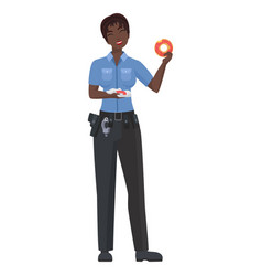 Smiling Black Police Woman Eats Donut