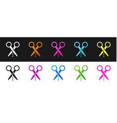 Set Scissors With Cut Line Icon Isolated On Black