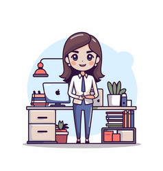 Business Woman Standing At Office Desk In Cartoon