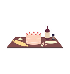 Dark Wood Kitchen Countertops With Cake And Bottle