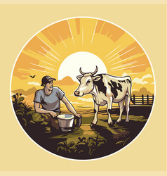 Farmer With Cow On The Farm In Retro Style