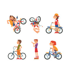 Children Riding Bike And Falling Of It Set Cartoon