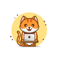 Funny And Cute Cartoon Cat With Laptop