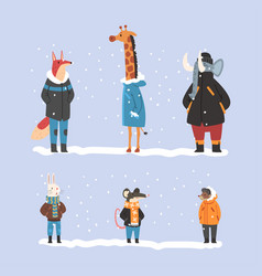 Set Animals In Warm Winter Clothes Fox Giraffe