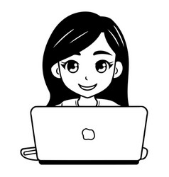 Cute Girl Using Laptop Computer In Cartoon Style