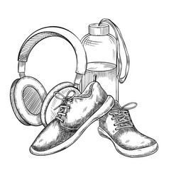 Sneakers With Water Bottle And Headphones