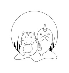 Cute Narwhal Fairytale With Cat Kawaii Style