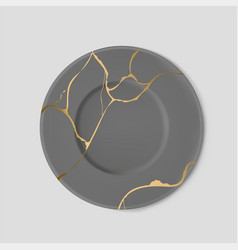 Gray Plate With Gold Kintsugi Crack And Broken