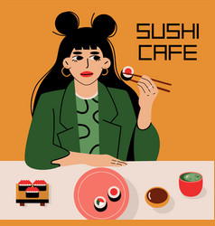 Woman Eating Sushi Rolls Japanese Traditional