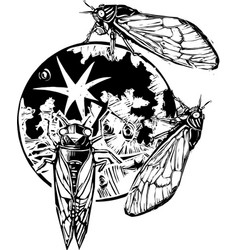 Woodcut Cicadas On Moon