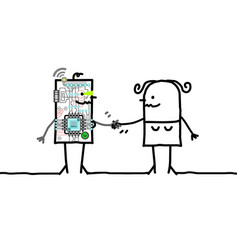 Cartoon Female Robot And Woman Meeting