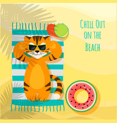 Cute Tiger Relaxes On Beach Under Palm Trees