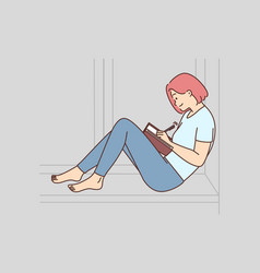 Happy Woman Sit On Windowsill Taking Notes