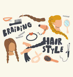 Set Icons Braiding Hair Style Theme Curly Iron