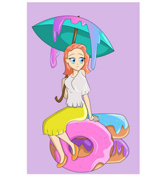 A Girl On Giant Donut Under An Umbrella