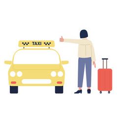 Woman With Suitcase Calling Yellow Taxi Car