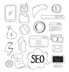 Seo Icons Set In Doodle Style Web Hand Drawn Sign