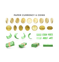 Set Of 3d Render Gold Coins And Green Paper