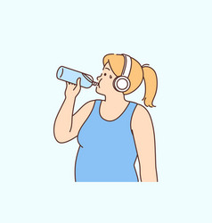 Overweight Woman In Headphones Drink Water