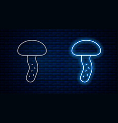 Glowing Neon Line Mushroom Icon Isolated On Brick