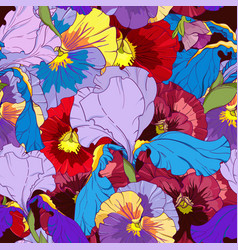 Blue Irises And Red And Purple Pansy On A Dark