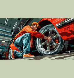 Mechanic Tightening Car Wheel In Workshop