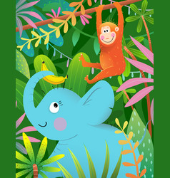 Cute Animals Monkey And Elephant In Jungle Forest