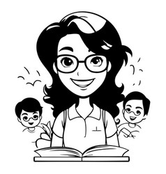 Teacher With Children In A Flat Cartoon Style