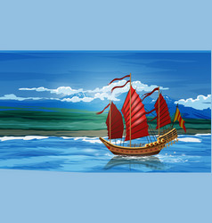 Landscape With Traditional Asian Chinese Junk Ship