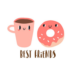 Best Friends Cartoon Donut And Cup Coffee