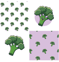 Set Of Cute Kawaii Broccoli Patterns Cartoon Icon