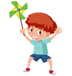 A Boy Holding Paper Pinwheel In Cartoon Style