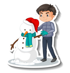 Boy Building A Snowman Cartoon Sticker