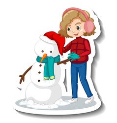 Cartoon Character Of A Girl Building Snowman