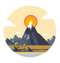 Stylized Mountain Landscape With Sunset Lake