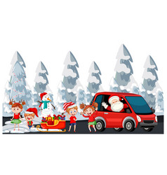 Santa Claus Driving Car With Happy Children