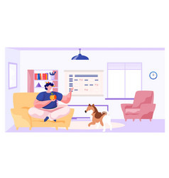 Young Man Is Sitting With His Dog On Armchair