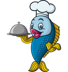 Cartoon Chef Fish Holding A Tray