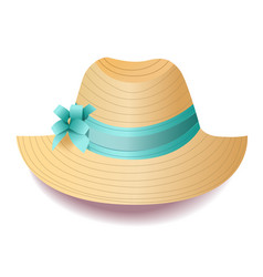 Straw Hat With Wide Brim Blue Ribbon And Bow