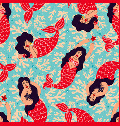 Seamless Pattern With Brunette Mermaids And Corals