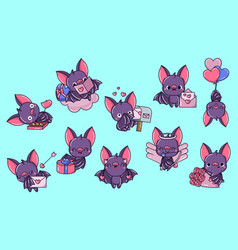 Set Of Cartoon Kawaii Bat In Love