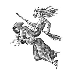 Witch Flies With A Broom And Monk Ancient