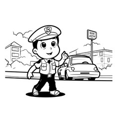 Cartoon Policeman With A Car On The Street