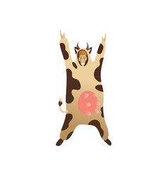 Smiling Man In Cow Costume Standing With Hands Up