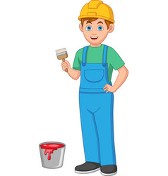 Painter With Brush And Bucket Paint Cartoon