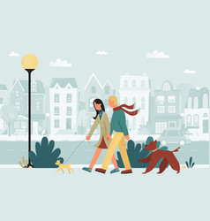 Couple People Walk Dogs On City Road With Houses