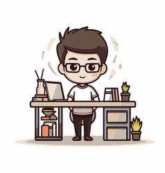 Cute Boy Working At Office Desk With Computer And